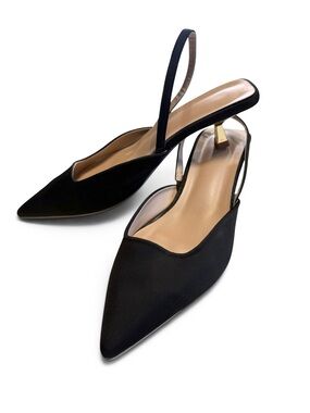 Black Smooth Cloth Patent Leather Kitten Heel Slingback Pump Size 10